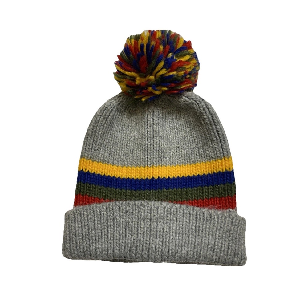 West Loop‎ Gray Striped Knit Beanie Hat Multi Color Pom Pom Ribbed Cuffed Winter